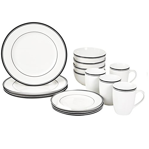 AmazonBasics 16-Piece Cafe Stripe Dinnerware Set, Service for 4 - Black, Only $19.03