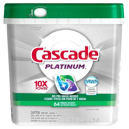 销售第一！史低价！Cascade Platinum ActionPacs 清香型洗碗机用洗涤剂，64件装，原价$16.99，现点击coupon后仅售$10.20，免运费