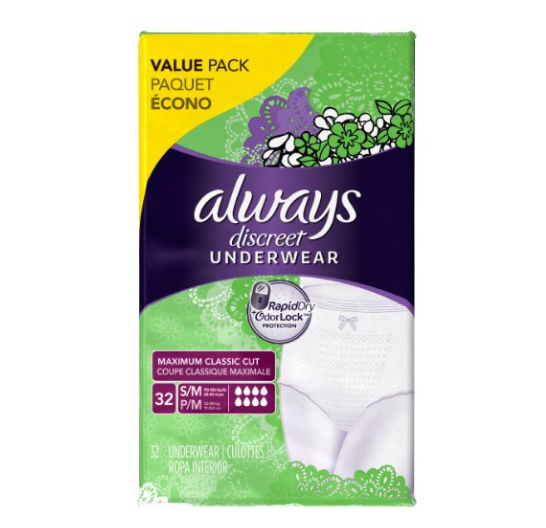 Always Discreet, Incontinence Underwear, Maximum Absorbency, Classic Cut, Small/Medium, 32 Count only $15.99