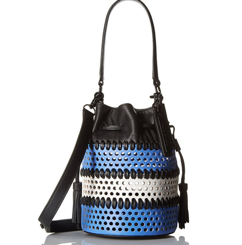 LOEFFLER RANDALL Mini Industry Perforated Woven Leather Bucket Cross Body, Periwinkle/White/Black, One Size, Only $79.40
