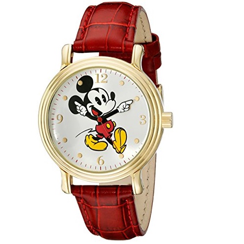 Disney Women's W001870 Mickey Mouse Gold-Tone Watch with Red Faux Leather Band, Only $24.66, You Save $25.33(51%)