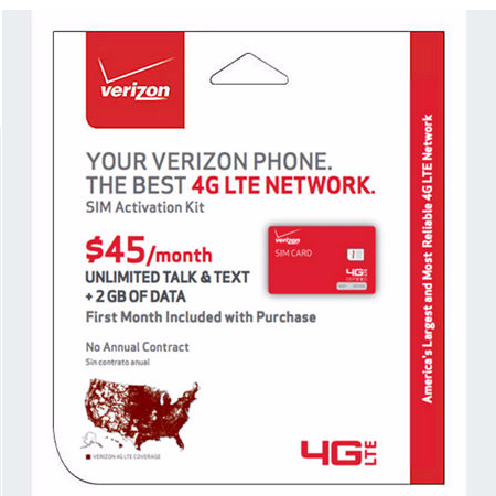 Verizon 4G SIM 卡激活套裝，包括一個月服務，含2GB 4G流量，原價$49.99，現僅售$ 24.99，免運費