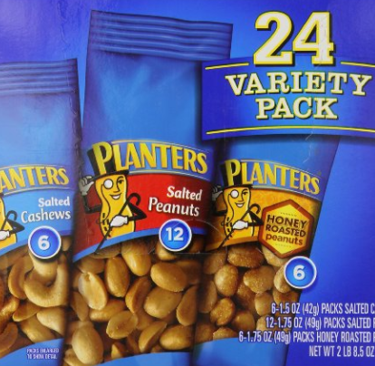 Planters Variety Pack 24 ct, Salted Peanuts, Honey Roasted Peanuts & Salted Cashews Ready-to-Go Sleeves, Multi-Pack Box only $8.32