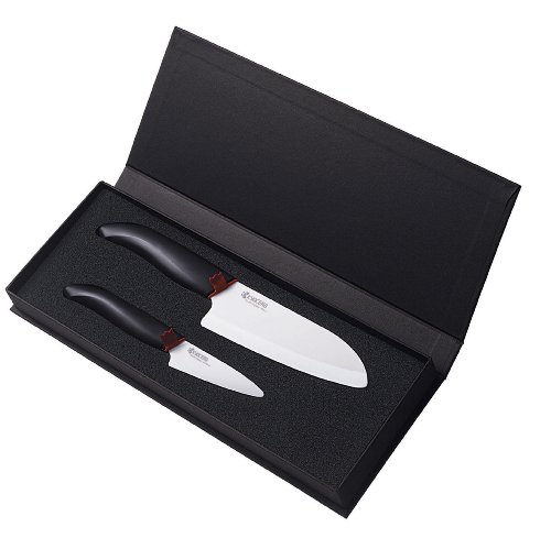 Kyocera Advanced Ceramic Revolution Series 3-inch Paring and 5-1/2-inch Santoku Knife Set, Black Handle, White Blade, Only $39.13, free shipping