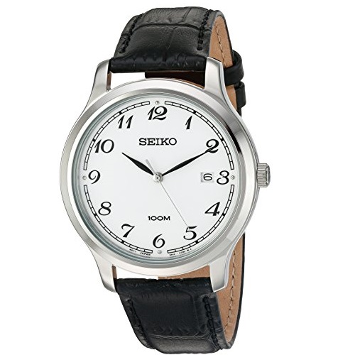 Seiko Men's Quartz Stainless Steel and Leather Casual Watch, Color:Black (Model: SUR187), Only $57.12, You Save $42.87(43%)