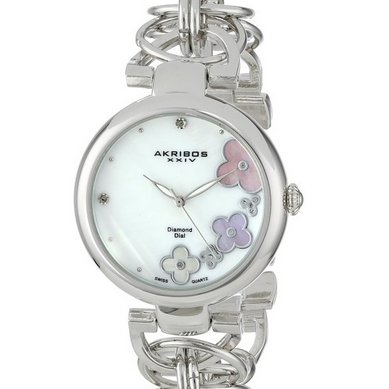 Akribos XXIV Women's AK645SS Lady Diamond Swiss Quartz Diamond Mother-of-Pearl Flower Silver-tone Circle Link Bracelet Watch, Only $35.20, You Save $359.80(91%)