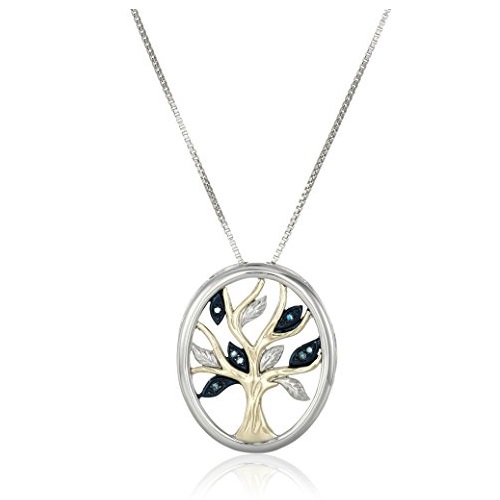 Sterling Silver and 14k Yellow Gold Blue Diamond Accent Family Tree  Pendant Necklace, 18