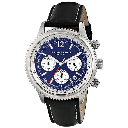 Stuhrling Original Men's 669.02 Monaco Quartz Date Blue Dial Black Genuine Leather Strap Chronograph Watch  $36.78