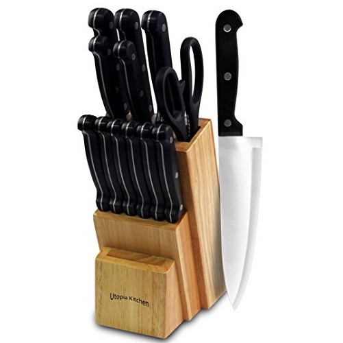 Utopia Kitchen Knife Set with Wooden Block 13 Piece - Chef Knife, Bread Knife, Carving Knife, Utility Knife, Paring Knife, Steak Knife, and Scissors, Only$19.99