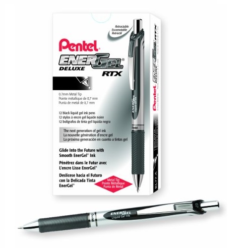Pentel EnerGel Deluxe RTX Gel Pens, 0.7 mm Metal Tip, Black/Silver Barrel, Black Ink, 12 Each (BL77-A), Only$5.60