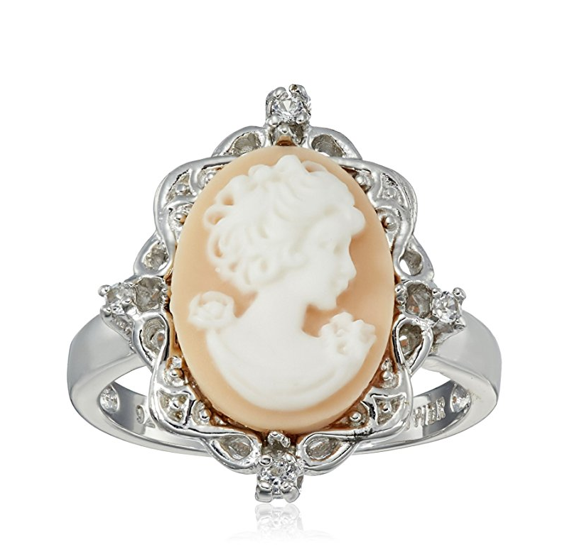 Sterling Silver Pink Cameo Oval with Created White Sapphire Ring, Size 7 only $28.54