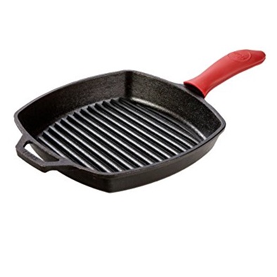 Lodge L8SGP3ASHH41B Cast Iron Square Grill Pan with Red Silicone Hot Handle Holder, Pre-Seasoned, 10.5-inch, Black, Only $22.99