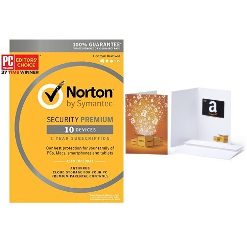 Norton Security Premium - 10 Devices [Key Card] with Amazon.com $10 Gift Card, Only $33.52, You Save $66.47(66%)