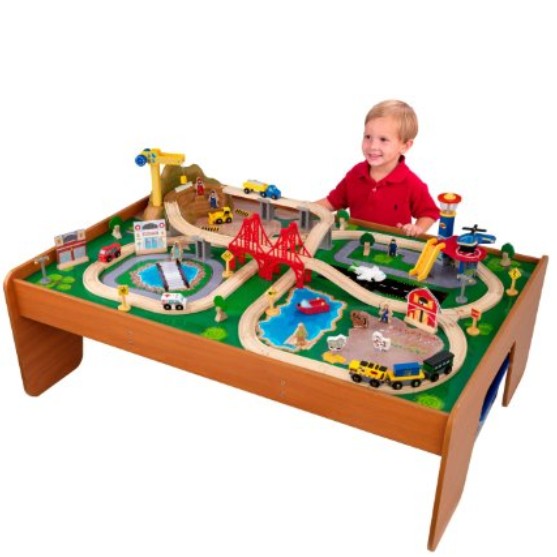 KidKraft Ride Around Town Wooden Train Set and Table with Helicopter, Airplane, Farm, Storage Bins and 100 Pieces, Compatible with Other Major Brand Trains, Honey, Gift for Ages 3+, Only $118.99