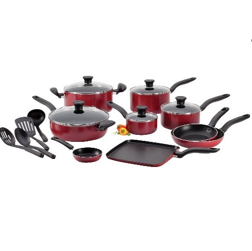 T-fal A777SI64 Initiatives Nonstick Inside and Out Dishwasher Safe 18-Piece Cookware Set, Red, Only $49.99, You Save $130.00(72%)