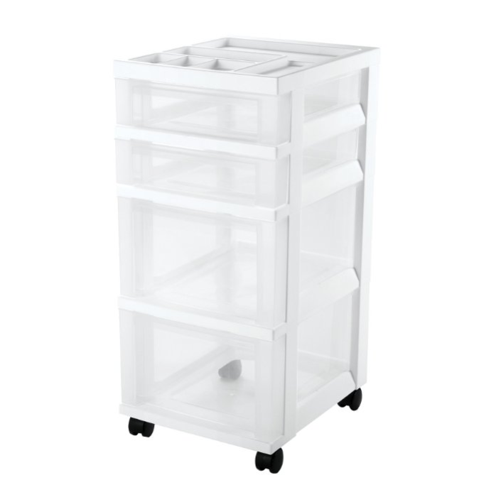 IRIS 4-Drawer Storage Cart with Organizer Top, White, ONLY $14.08