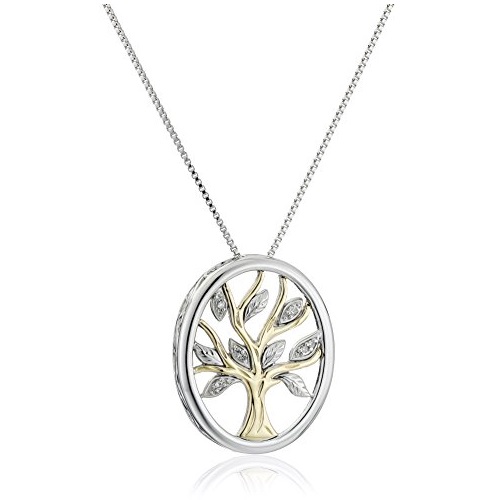 Sterling Silver and 14k Yellow Gold Diamond Accent Family Tree Pendant Necklace, 18