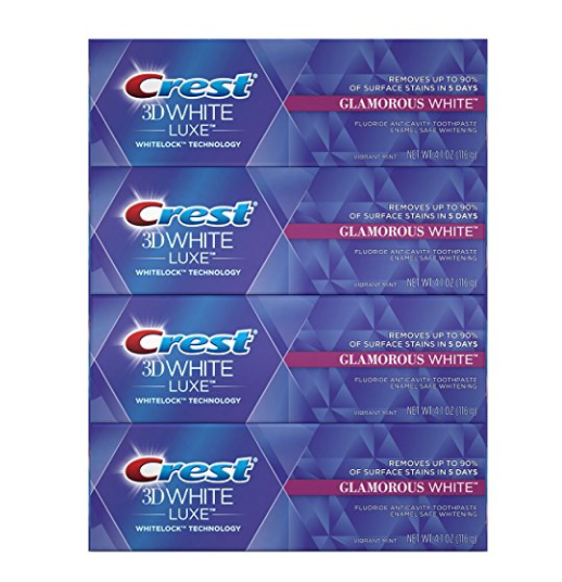 Crest 3D White Luxe 超效美白牙膏，4.1oz/支，共4支，原价$16.99 ，现点击coupon后仅售$12.14，免运费！