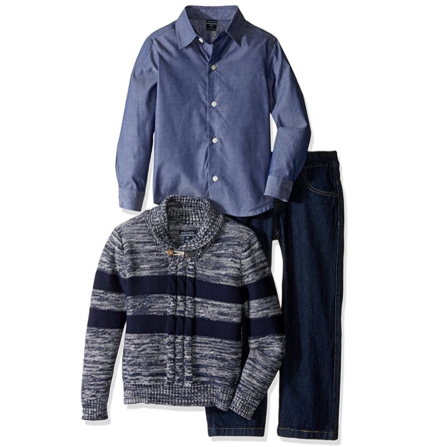 Nautica Boys' Three Piece Set with Woven Shirt, Striped Shawl Sweater, and Denim Jean for only $25.99
