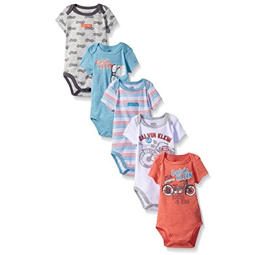 Calvin Klein Baby Boys' Assorted Short Sleeve Bodysuit, Coral/Blue/Motorcyle, 0-3 Months (Pack of 5), Only $8.32