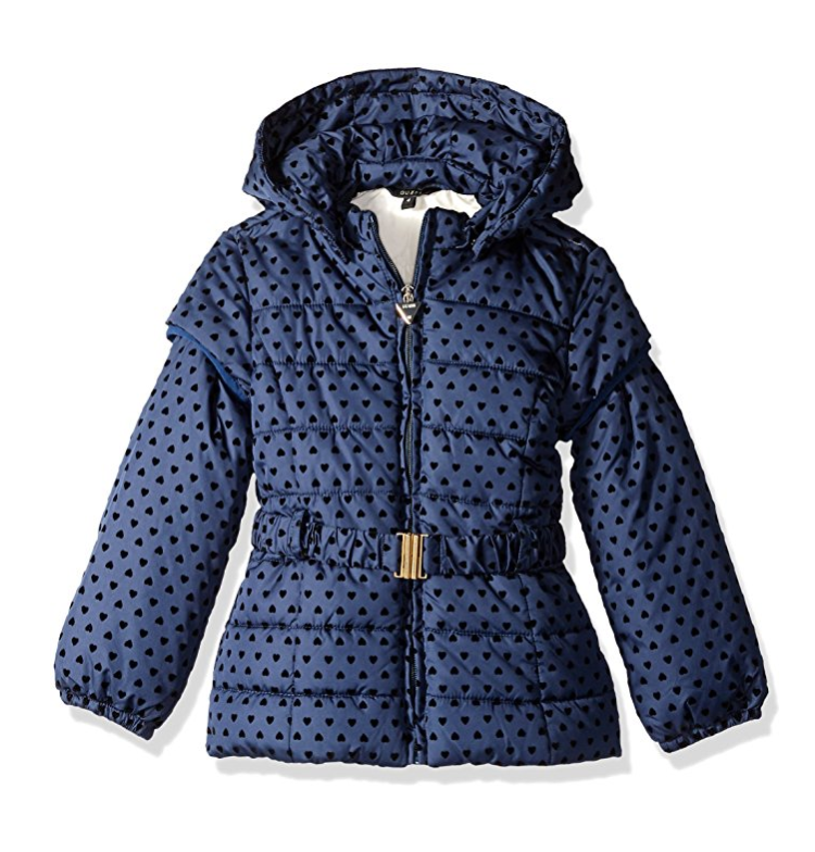 GUESS Little Girls' Flocked Heart Puffer Jacket with Removable Hood and Sleeves only $14.62