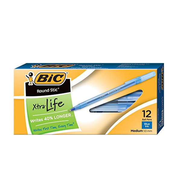 BIC Round Stic Xtra Life Ball Pen, Medium Point (1.0 mm), Blue, 12-Count only $1.29