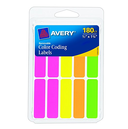 Avery Rectangular Color Coding Labels, 0.5 x 1.75 Inches, Assorted, Removable, Pack of 180 (6724) only $1.68