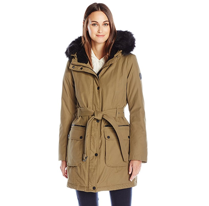 Lucky Brand Women's Mid Length Down Puffer with Belt and Faux Fur Hood only $51.69, Free shipping