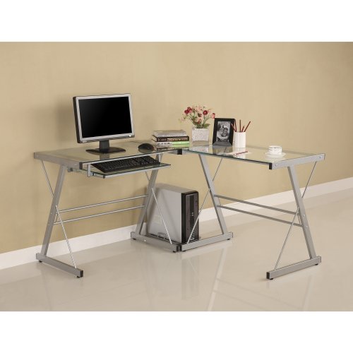 Walker Edison 3-Piece Contemporary Glass and Steel Desk, Silver, Only $68.84,