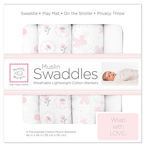 SwaddleDesigns 4 Piece Muslin Swaddle Blankets, Butterflies and Posies, Only $24.24