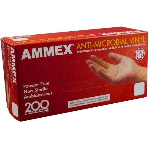 AMMEX - AAMV44100-BX - Vinyl Gloves - Anti-Microbial,Powder Free,Food Safe, Industrial, 3mil, Medium, Clear (Box of 200), Only $6.50, free shipping after using SS