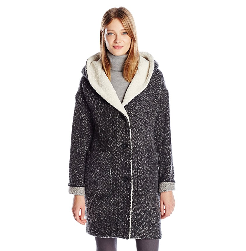 Lucky Brand Women's Cocoon Tweed Coat with Faux Shearling and Oversized Hood only $34.24