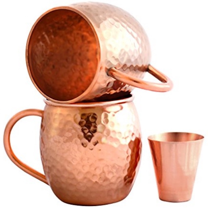 Set of 2 Moscow Mule Copper Mugs with Shot Glass - Two 16 Oz Copper Moscow Mule Mugs - Solid Copper Hammered Mug - Copper Cups for Moscow Mules $17
