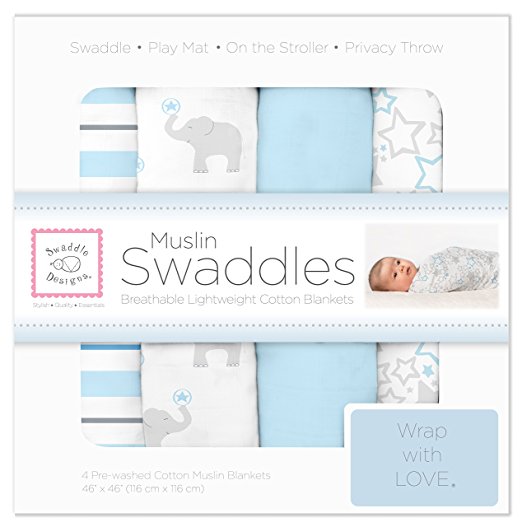 SwaddleDesigns Muslin Swaddle Blankets, 4 pack, Pastel Blue Elephant Starshine, Only $24.99
