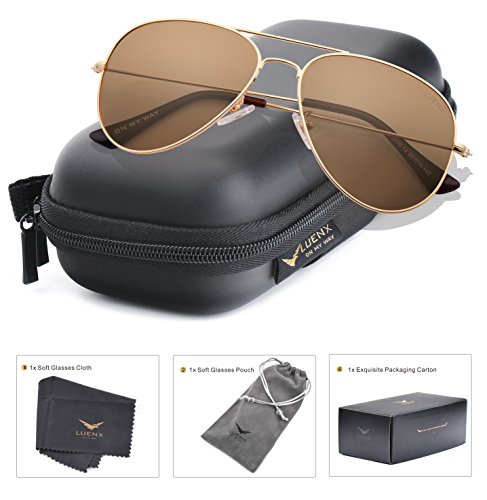 LUENX Mens Aviator Sunglasses Polarized Brown Amber Lenses Gold Metal Frame UV400 Protection Classic Style, Only $16.99