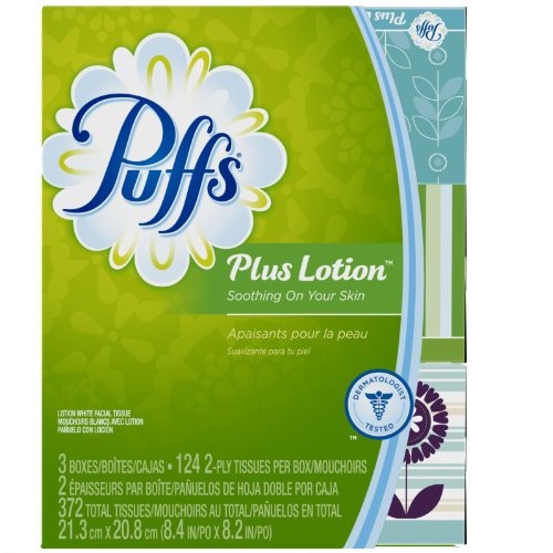 史低价！Puffs Plus Lotion面巾纸，124张/盒，共3盒，原价$8.99，现仅售$5.29
