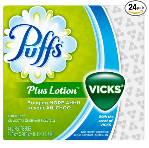 Puffs Plus Lotion With The Scent Of Vicks Facial Tissues, 24 Cube Boxes (48 Tissues per Box), Only $22.38, free shipping after clipping coupon and using SS