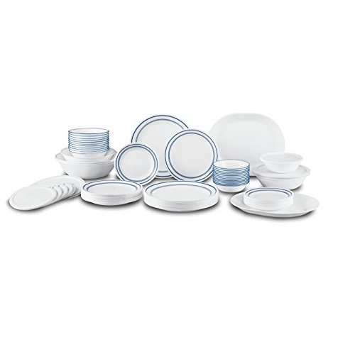 Corelle Livingware 74 Piece Classic Cafe Blue Dinnerware Set with Storage Lids, White, Only $93.88, free shipping