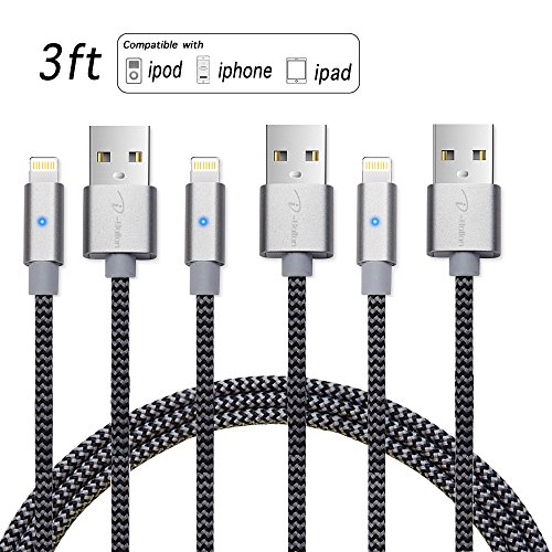 IPhone charger, I-Bollon 3 PACK 3ft Nylon Braided 8 pin lighting to USB charging Cable cord with breathing LED indictor powerline for iPhone 5/5C/5S/6S/6S PLUS/7/7 plus, iPad Air, and more(Grey)