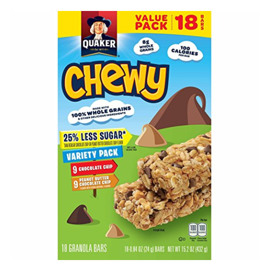 Quaker Chewy Granola Bars, 25% Less Sugar Variety Pack, 18 Bars, Net Wt. 15.2 oz only $4.69