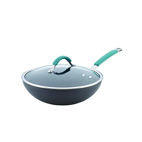 Rachael Ray Cucina Hard-Anodized Nonstick Covered Stir Fry Pan, 11-Inch, Gray, Agave Blue Handles, Only $26.36