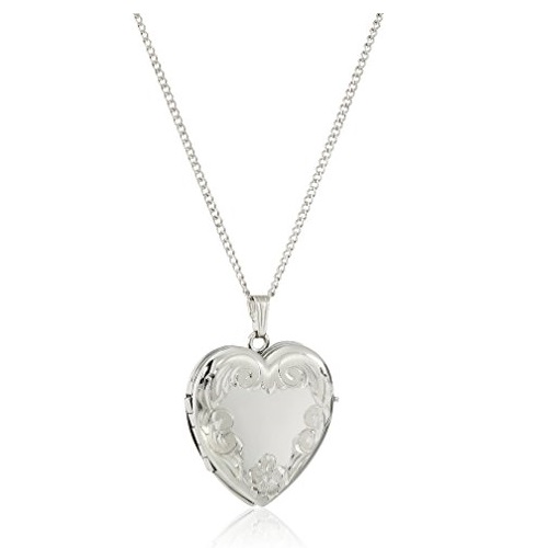 Amazon Collection Sterling Silver Engraved Four-Picture Heart Locket Necklace, 20