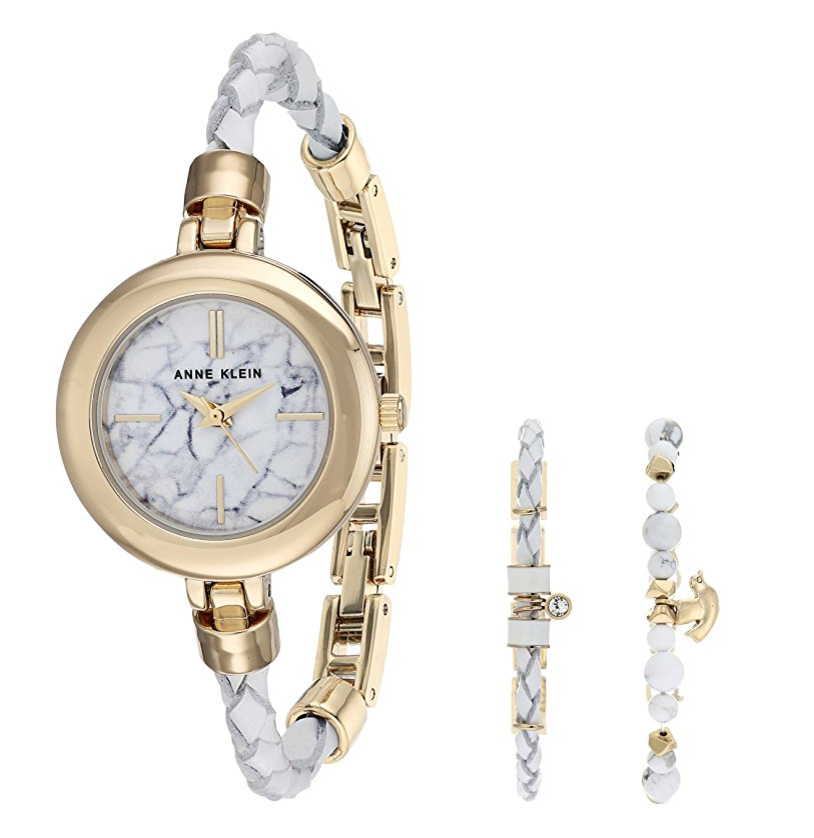 Anne Klein Women's AK/2766HLTE Gold-Tone and White Leather Watch and Bracelet Set only $44.99