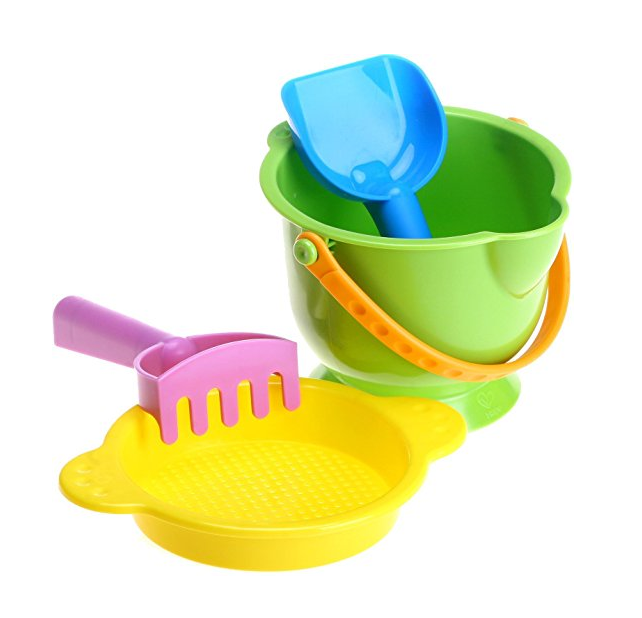 Hape Kid's Beach Toy Basics Including Bucket Sifter, Rake and Shovel Set only $2.99