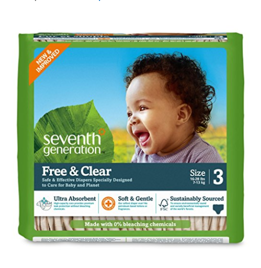 Seventh Generation Baby Diapers, Free and Clear for Sensitive Skin, Original No Designs, Size 3 155ct (Packaging May Vary only $19.85