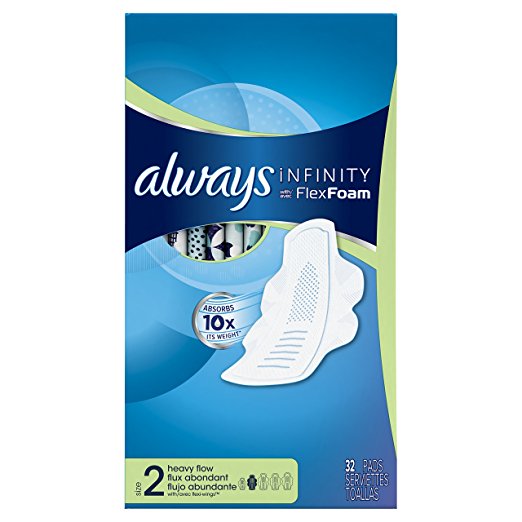 Always Infinity Pads with Wings for Women, Heavy Flow Absorbency, 32 count, only $3.97