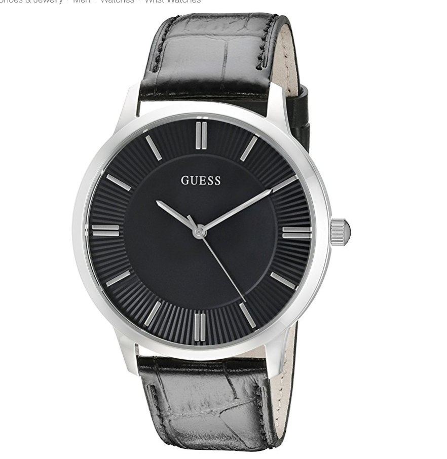 GUESS Men's U0664G1 Dressy Silver-Tone Watch with Plain Black Dial and Genuine Leather Strap Buckle only $85