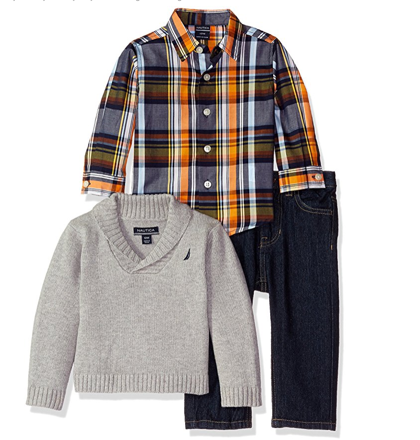 Nautica Baby Three Piece Set with Woven Shirt, Shawl Collar Sweater, and Denim Jean, Grey Heather, 24 Months only $17.28