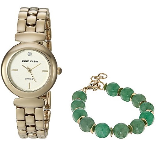 Anne Klein Women's AK/2850JADE Diamond-Accented Gold-Tone Watch and Jade Beaded Bracelet Set, Only $39.99, free shipping