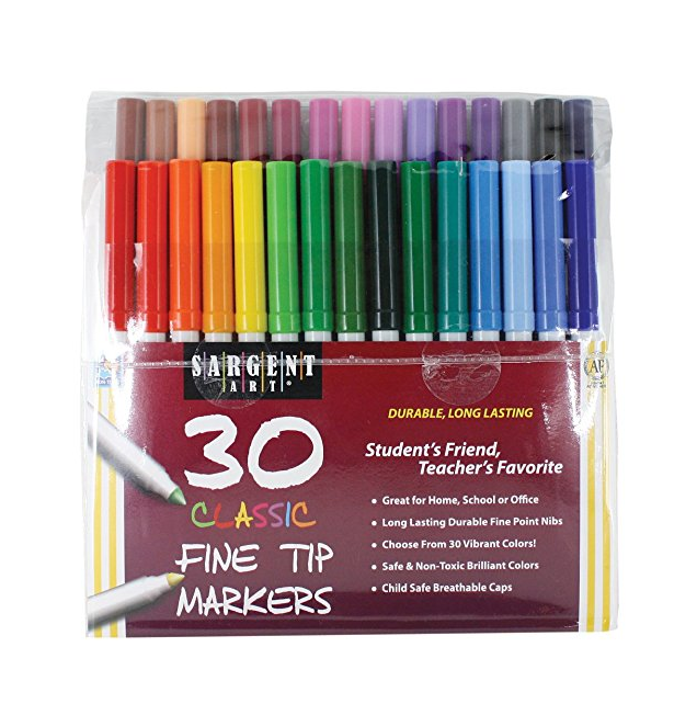 Sargent Art 22-1592 30 Count Classic Markers, Fine Conical Tip, Plastic Peggable Pouch only $3.02